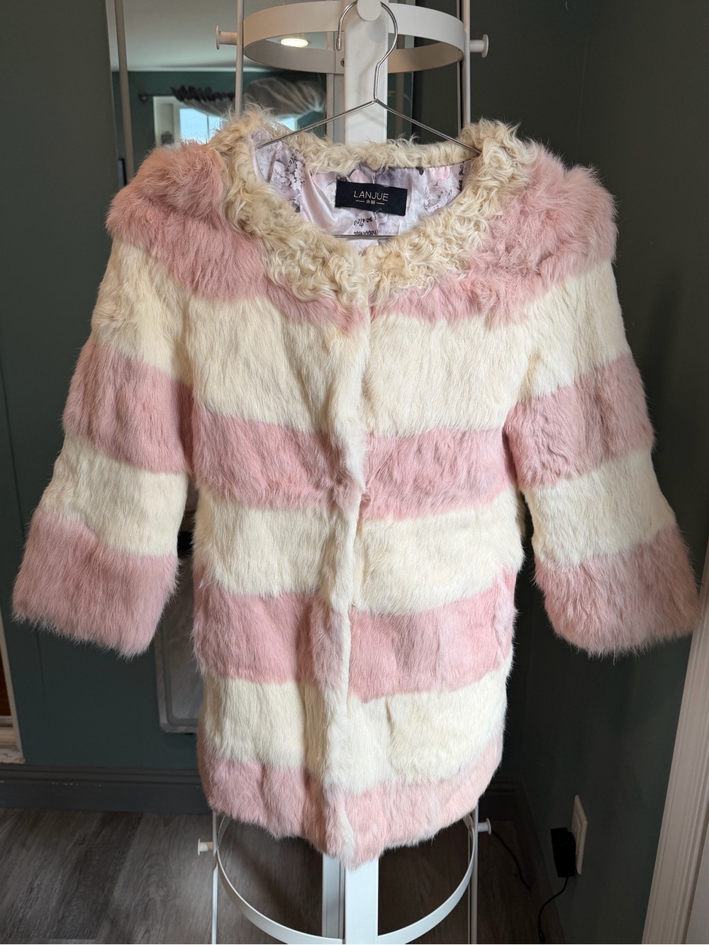 Vintage Pink Ivory Striped Genuine Rabbit Fur Coat Shearling Collar XS/XXS